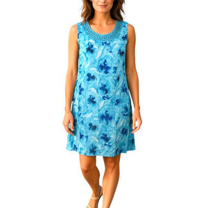 Kim Rogers Linen Dress Blue Watercolor Floral Tatted Embroidery Knee Washable 16